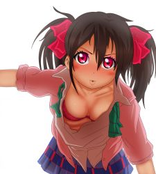 Rule 34 | 10s, 1girl, black hair, blush, bow, bra, breasts, cleavage, downblouse, extended downblouse, hair bow, heart, heart-shaped pupils, leaning forward, looking at viewer, love live!, love live! school idol project, medium breasts, medium hair, nyanarchist, open clothes, open shirt, otonokizaka school uniform, parted lips, red bra, red eyes, school uniform, simple background, solo, sweat, symbol-shaped pupils, twintails, underwear, white background, yazawa nico