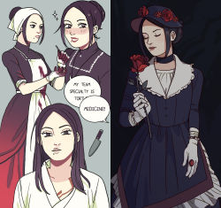 Rule 34 | 1boy, :d, absurdres, apron, black choker, black dress, blood, blood on clothes, blush, bracelet, choker, dress, english text, closed eyes, flower, gloves, golden kamuy, hair bun, highres, holding, holding flower, ienaga kano, jewelry, knife, knightofbunnies, long hair, male focus, mole, mole under mouth, multiple views, necklace, open mouth, red flower, ring, sidelocks, single hair bun, smile, speech bubble, standing, tattoo