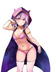 Rule 34 | 1girl, absurdres, bikini, blush, breasts, cloak, fate/grand order, fate (series), highres, hood, horned hood, horns, jeffrey10, jewelry, kama (chocolate heaven) (fate), kama (fate), light purple hair, looking at viewer, navel, necklace, purple bikini, purple eyes, simple background, skindentation, solo, star (sky), swimsuit, thighhighs, thighs, white background