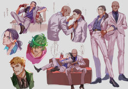 Rule 34 | 4boys, adjusting clothes, adjusting necktie, alcohol, bald, biker (hotline miami), blonde hair, character request, drinking, drunk, earrings, formal, green eyes, green hair, highres, hotline miami, jacket, jewelry, male focus, meipu hm, multiple boys, multiple views, necktie, pants, ponytail, richard (hotline miami), shoes, speech bubble, whiskey, yaoi