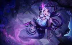 Rule 34 | 1girl, animal, bare shoulders, bead bracelet, beads, boraiolet, bracelet, breasts, cat, character doll, collarbone, flower, ghost, green eyes, gwen (league of legends), heterochromia, highres, japanese clothes, jewelry, kimono, kodama, large breasts, league of legends, long hair, looking up, low twintails, pink eyes, red lips, shoulder tattoo, smile, spirit blossom (league of legends), stairs, tattoo, tree, twintails, water, white hair