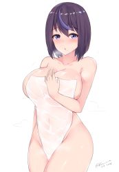 Rule 34 | blush, breasts, breath, cleavage, gluteal fold, hand on own chest, higher resolution available, kuavera, large breasts, looking at viewer, miyako (kuavera), mole, naked towel, nude, original, purple hair, thighs, towel