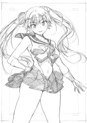 Rule 34 | 1girl, absurdres, bishoujo senshi sailor moon, commentary request, covered navel, gloves, graphite (medium), greyscale, hair ornament, hair scrunchie, hand on own hip, hatching (texture), highres, kojima takeshi, miniskirt, monochrome, original, ribbon, sailor, sailor senshi uniform, scrunchie, skirt, solo, traditional media, twintails