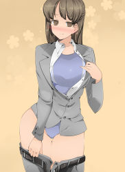 Rule 34 | 1girl, belt, blush, brown eyes, brown hair, formal, highres, long hair, name john, office lady, simple background, suit, swimsuit, swimsuit under clothes