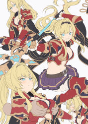 Rule 34 | armor, armored boots, belt, blonde hair, blue eyes, boots, breasts, cleavage, cleavage cutout, closed eyes, clothing cutout, disembodied limb, grabbing, grabbing another&#039;s breast, granblue fantasy, grin, hair intakes, hairband, multiple views, navel, open mouth, polearm, purple skirt, red armor, shiseki hirame, sidelocks, sitting, skirt, smile, spear, twintails, weapon, zeta (granblue fantasy)