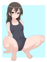 Rule 34 | 1girl, aqua background, barefoot, black hair, black one-piece swimsuit, brown eyes, collarbone, commentary request, flat chest, full body, highres, ito kashiwamochi, long hair, looking at viewer, one-piece swimsuit, original, school swimsuit, simple background, solo, squatting, swimsuit, two-tone background, white background