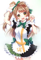 Rule 34 | 10s, 1girl, :d, apron, arm up, black dress, bow, brown eyes, brown hair, dress, english text, green dress, hair rings, highres, looking at viewer, love live!, love live! school idol festival, love live! school idol project, maid apron, maid headdress, minami kotori, multicolored clothes, multicolored dress, one side up, open mouth, paragasu (parags112), puffy short sleeves, puffy sleeves, short sleeves, smile, solo, wrist cuffs