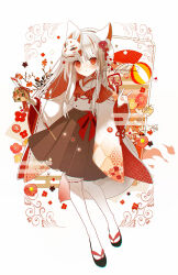 Rule 34 | 1girl, animal ear fluff, animal ears, arrow (projectile), bell, black footwear, blush, brown skirt, closed mouth, commentary request, egasumi, ema, fox ears, fox girl, fox mask, fox shadow puppet, fox tail, full body, grey hair, hamaya, highres, holding, holding arrow, japanese clothes, jingle bell, kimono, long sleeves, looking at viewer, mask, mask on head, multicolored hair, original, over-kneehighs, pleated skirt, red eyes, red hair, ribbon-trimmed thighhighs, ribbon trim, sandals, signature, skirt, solo, tail, thighhighs, two-tone hair, white background, white kimono, white thighhighs, wide sleeves, yuzuyomogi, zouri