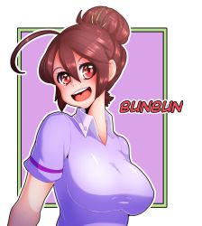 Rule 34 | 1girl, ahoge, bad id, bad tumblr id, breasts, brown hair, bun bun (neocoill), character name, commentary, hair bun, hair ornament, highres, large breasts, n0r0, neocoill, open mouth, original, outline, outside border, single hair bun, smile, solo