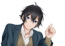 Rule 34 | 1boy, absurdres, black hair, blazer, blue eyes, buttons, closed mouth, collared shirt, commentary, fingernails, hair between eyes, highres, holding, hori-san to miyamura-kun, jacket, charm (object), lapels, long sleeves, looking at viewer, male focus, miyamura izumi, notched lapels, open collar, puropera (pixiv 33868937), school uniform, shirt, short hair, simple background, smile, solo, upper body, white background, white shirt
