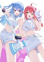 Rule 34 | 2girls, 35p (sakura miko), :3, :d, absurdres, ahoge, alternate costume, alternate hairstyle, armpits, axe, belt, black gloves, blue eyes, blue hair, blush, breasts, chest harness, commentary, crop top, double-parted bangs, earrings, fingerless gloves, from below, gloves, green eyes, hair between eyes, hair ornament, hairclip, hand puppet, hand up, harness, highres, holding, holding axe, hololive, hoshimachi suisei, jewelry, knees out of frame, large breasts, long hair, looking at another, looking to the side, mei am0, midriff, miniskirt, multiple girls, navel, o-ring, o-ring belt, one side up, open mouth, pink hair, puppet, sakura miko, shirt, shorts, shorts under skirt, skirt, sleeveless, sleeveless shirt, small breasts, smile, smug, sparkle, standing, star (symbol), star in eye, stomach, symbol in eye, teeth, tongue, virtual youtuber, white belt, white shirt, white shorts, white skirt, x hair ornament