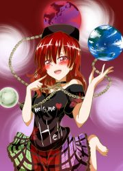 Rule 34 | 1girl, bare shoulders, barefoot, chain, choker, clothes writing, earth (ornament), english text, heart, hecatia lapislazuli, highres, leg up, looking at viewer, matsuoka michihiro, moon (ornament), multicolored clothes, multicolored skirt, open mouth, plaid, plaid skirt, red eyes, red hair, skirt, solo, touhou