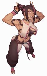 Rule 34 | 1girl, abs, absurdres, armpits, asura (asurauser), black hair, breasts, double v, grin, han juri, heterochromia, highres, large breasts, looking at viewer, medium breasts, multicolored hair, muscular, muscular female, navel, non-web source, paid reward, short hair, smile, solo, standing, street fighter, two-tone hair, underboob, v