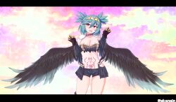 Rule 34 | 1girl, akenoin soumon, artist name, black feathers, black shorts, black wings, blue hair, blush, breasts, choker, claws, cleavage, commentary, commission, fate/grand order, fate (series), feathered wings, feathers, harpy, heart, heart tattoo, highres, indie virtual youtuber, letterboxed, lincoro, medium breasts, midriff, monster girl, navel, open mouth, pointy ears, pubic tattoo, red eyes, short hair, short twintails, shorts, skeb commission, solo, stomach tattoo, tattoo, tiara, twintails, virtual youtuber, winged arms, wings