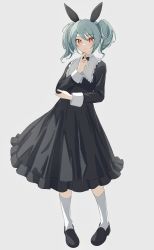 Rule 34 | 1girl, @ @, absurdres, animal ears, aqua hair, black bow, black bowtie, black dress, black footwear, bow, bowtie, carrot sticks, collared dress, dress, fake animal ears, food, frilled shirt collar, frills, full body, grey background, hatsune miku, highres, holding, holding food, long sleeves, looking at viewer, loveit (vocaloid), parted lips, rabbit ears, red eyes, shoes, sidelocks, simple background, sleeve cuffs, socks, solo, tomatology3, twintails, vocaloid, white socks