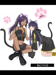 Rule 34 | 2girls, all fours, animal ears, animal hands, bell, black choker, black footwear, black hair, black hoodie, black skirt, black tank top, bleach, blunt bangs, boots, cat dsy, cat ears, cat tail, choker, commentary, dark-skinned female, dark skin, dated, gloves, hair bell, hair ornament, hair ribbon, happy melon4311, high ponytail, highres, hood, hoodie, kemonomimi mode, knee up, long hair, midriff, multiple girls, navel, neck bell, open mouth, parted bangs, paw gloves, paw print, ponytail, purple eyes, purple hair, ribbon, shihouin yoruichi, short hair with long locks, short shorts, shorts, sidelocks, sitting, skirt, sui-feng, tail, tank top, translated, white background, yellow eyes