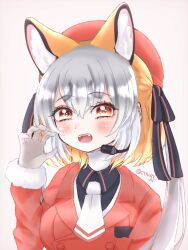 Rule 34 | 1girl, animal ears, blazer, cthun n, extra ears, fox ears, fox girl, gloves, grey background, grey hair, hat, highres, island fox (kemono friends), jacket, kemono friends, kemono friends v project, long hair, looking at viewer, microphone, multicolored hair, necktie, orange hair, ribbon, shirt, simple background, solo, twintails, two-tone hair, upper body, virtual youtuber, yellow eyes