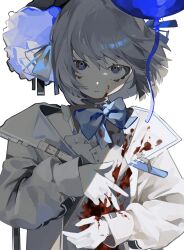 Rule 34 | 1girl, :|, absurdres, blood, blood on clothes, blood on hands, blue bow, blue bowtie, blue eyes, blue headwear, bow, bowtie, closed mouth, expressionless, highres, jacket, long sleeves, looking at viewer, original, pale skin, shade, short hair, simple background, solo, toasu, upper body, white background, white hair, white jacket