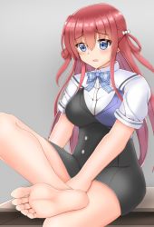 Rule 34 | 1girl, absurdres, barefoot, blue eyes, blush, feet, grisaia (series), grisaia no kajitsu, highres, long hair, parted lips, red hair, sitting, soles, suou amane, toes