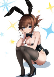 Rule 34 | 1girl, absurdres, alternate costume, animal ears, arm support, bare shoulders, black bow, black bowtie, black leotard, black thighhighs, blue eyes, blush, bow, bowtie, breasts, brown hair, cleavage, closed mouth, collarbone, commentary, detached collar, eyelashes, fake animal ears, fake tail, fang, fine fabric emphasis, folded ponytail, full body, hair between eyes, head rest, high heels, highleg, highleg leotard, highres, knees together feet apart, knees up, legs, leotard, looking at viewer, medium breasts, medium hair, playboy bunny, rabbit ears, rabbit tail, simple background, sitting, smile, solo, sparkle, strapless, strapless leotard, subarashiki hibi, tachibana kimika, tail, thighhighs, thighs, toriizu chikin, white background, white wrist cuffs, wrist cuffs