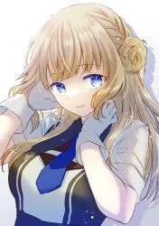 Rule 34 | 1girl, alto2019, artist name, blue eyes, blue necktie, gloves, kantai collection, light brown hair, long hair, looking at viewer, necktie, one-hour drawing challenge, open mouth, ranger (kancolle), short sleeves, signature, smile, solo, two-tone dress, upper body, white gloves