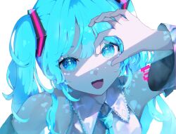 Rule 34 | 1girl, black sleeves, blue eyes, blue hair, blue necktie, detached sleeves, grey shirt, hatsune miku, highres, long hair, long sleeves, necktie, number tattoo, ringed eyes, shadow, shirt, shoulder tattoo, simple background, solo, star (symbol), star in eye, symbol in eye, tattoo, twintails, upper body, vocaloid, white background, yuyufufu