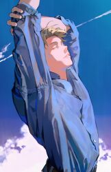 Rule 34 | 1boy, absurdres, arms up, blonde hair, blue sky, closed eyes, cloud, cloudy sky, collared shirt, highres, jujutsu kaisen, kyuuba melo, long sleeves, male focus, mature male, nanami kento, relaxing, shirt, short hair, sky, solo, stretching, upper body