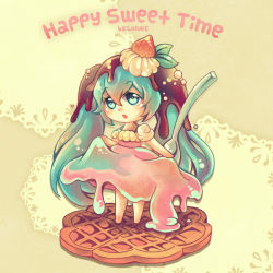 Rule 34 | 1girl, aqua eyes, aqua hair, artist name, bad id, bad pixiv id, chibi, chocolate, clothes lift, cream, dress, dress lift, dripping, food, food as clothes, food on head, fruit, hatsune miku, in food, long hair, mini person, minigirl, object on head, open mouth, skirt hold, solo, spoon, standing, strawberry, twintails, very long hair, vocaloid, waffle