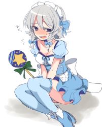 Rule 34 | 1girl, apron, arms between legs, back bow, blue bow, blue dress, blue eyes, blue footwear, blue thighhighs, blush, bow, braid, dress, embarrassed, feet out of frame, grey hair, hair bow, high heels, izayoi sakuya, looking to the side, maid apron, maid headdress, open mouth, paragasu (parags112), puffy short sleeves, puffy sleeves, short sleeves, simple background, sitting, solo, star (symbol), sweatdrop, teeth, thighhighs, touhou, twin braids, upper teeth only, v arms, waist apron, white background, white bow