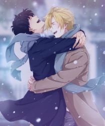 Rule 34 | 2boys, arms around neck, arms around waist, ash lynx, banana fish, black hair, blonde hair, blue coat, blue jacket, blue scarf, brown coat, brown jacket, closed eyes, coat, denim, happy, highres, hug, jacket, jeans, lifting covers, long sleeves, multiple boys, official style, okumura eiji, open mouth, pants, profile, scarf, short hair, sleeves past elbows, smile, snow, snowflakes, snowing, sour nya, teeth, tongue, winter, winter clothes, yaoi
