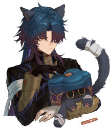 Rule 34 | 1boy, :&lt;, animal, animal ears, bandaged arm, bandaged hand, bandaged tail, bandages, blade (honkai: star rail), blue hair, cat, cat boy, cat ears, cat tail, closed mouth, critter pick (honkai: star rail), cropped torso, fang, geebee 79, gloves, hair between eyes, highres, honkai: star rail, honkai (series), long hair, long sleeves, male focus, multicolored hair, purple hair, red eyes, simple background, single glove, tail, upper body, white background