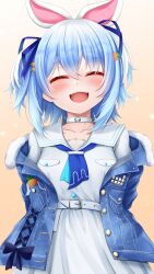 Rule 34 | 1girl, absurdres, blue hair, closed eyes, hachi7515, highres, hololive, light blue hair, looking at viewer, open mouth, rabbit ears, short hair, simple background, smile, solo, usada pekora, virtual youtuber