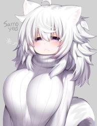 Rule 34 | 1girl, :&lt;, ahoge, animal ears, blush, breasts, closed mouth, fox ears, fox tail, grey background, hair between eyes, large breasts, long hair, long sleeves, mofuaki, original, purple eyes, ribbed sweater, samoyed (mofuaki), silver hair, simple background, sleepy, solo, sweater, tail, tareme, turtleneck, turtleneck sweater, upper body, white sweater