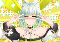 Rule 34 | 1girl, absurdres, animal ear fluff, animal ears, arknights, bare shoulders, blush, cat ears, closed mouth, collar, collarbone, commentary, double v, emotional engine - full drive, english commentary, fate/grand order, fate (series), green eyes, green hair, highres, kal&#039;tsit (arknights), looking at viewer, masabodo, polka dot, polka dot background, short hair, solo, upper body, v, v over eye