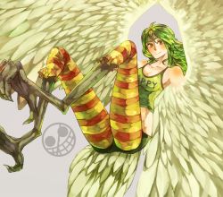 Rule 34 | 1girl, donquixote pirates, green hair, harpy, jolly roger, monet (one piece), monster girl, one piece, smile, solo, striped legwear, wings