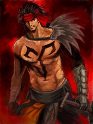 Rule 34 | 00s, 1boy, arisue kanako, black hair, chest tattoo, final fantasy, final fantasy x, gauntlets, gloves, headband, jecht, male focus, red background, red eyes, smile, solo, sword, tattoo, topless male, weapon