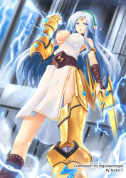 Rule 34 | 1girl, armor, asymmetrical clothes, blue eyes, breast slip, breasts, butter-t, electricity, female focus, from below, gauntlets, greaves, large breasts, legs, lightning, lightning bolt symbol, long hair, nipples, one breast out, original, pointy ears, silver hair, solo, standing, thighs, tunic, wrist wrap