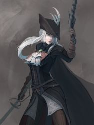 Rule 34 | 1girl, ascot, blonde hair, blood, bloodborne, blue eyes, boots, cape, coat, ascot, ftmk2, gem, gloves, hat, hat feather, highres, holding, lady maria of the astral clocktower, long hair, looking at viewer, ponytail, rakuyo (bloodborne), solo, sword, the old hunters, tricorne, weapon, white hair