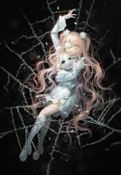 Rule 34 | 1girl, bad id, bad pixiv id, boots, cross-laced footwear, doll joints, dress, eyepatch, flower, frills, highres, joints, kirakishou, long hair, long sleeves, pink hair, rose, rozen maiden, seeker, silk, smile, solo, spider web, thorns, twintails, very long hair, yellow eyes