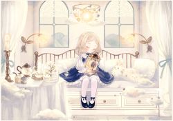 Rule 34 | 1girl, black footwear, blonde hair, blue dress, blush, candle, candlestand, cloud, commentary request, couch, cup, curtains, dress, closed eyes, flower, hair ribbon, half updo, holding, holding lantern, indoors, jar, lantern, long sleeves, medium hair, original, pantyhose, petticoat, pillow, rabbit, ribbon, saucer, shoes, sitting, solo, star (symbol), table, tablecloth, teacup, teapot, white pantyhose, window, yujup
