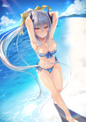 Rule 34 | 1girl, armpits, bare legs, beach, bikini, blue bikini, blue sky, blush, bow, breasts, cleavage, collarbone, day, fate/grand order, fate (series), from above, front-tie top, full body, hair bow, highres, inoue takuya (tactactak), kiyohime (fate), kiyohime (fate/grand order), kiyohime (swimsuit lancer) (fate), kiyohime (swimsuit lancer) (third ascension) (fate), large breasts, long hair, looking at viewer, navel, ocean, outdoors, sand, shore, silver hair, sky, smile, solo, stomach, swimsuit, very long hair, walking, water, yellow eyes