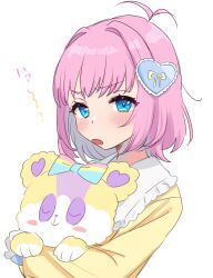 Rule 34 | 1girl, amauri miruki, antenna hair, blue eyes, blush, commentary request, confused, frilled shirt collar, frills, furrowed brow, hair ornament, hanitan, hanitan (bear), heart, heart hair ornament, highres, holding, holding stuffed toy, long sleeves, looking at viewer, open mouth, pink hair, pretty series, shirt, short hair, simple background, solo, stuffed animal, stuffed toy, sukoyaka (100hituzi), teddy bear, translation request, upper body, waccha primagi!, white background, yellow shirt