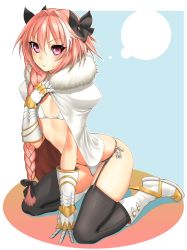 Rule 34 | 1boy, astolfo (fate), black thighhighs, boots, bow, bra, braid, bulge, cape, fate/apocrypha, fate (series), fur trim, garter straps, gauntlets, gishu, hair bow, hair over shoulder, highres, kneeling, long hair, looking at viewer, male focus, panties, pink eyes, pink hair, side-tie panties, single braid, solo, sweatdrop, thighhighs, thought bubble, trap, underwear