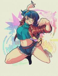 1girl aqua_shirt arimura_marron arm_up belt blue_hair blue_shorts breasts collared_shirt crop_top crop_top_overhang cutoffs denim denim_shorts glasses grin highres holding jacket long_hair long_sleeves looking_at_viewer medium_breasts midriff navel open_clothes open_jacket original ponytail red_jacket round_eyewear second-party_source shirt shoes short_ponytail short_shorts shorts smile solo stomach thighs yellow_eyes