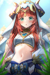 Rule 34 | 1girl, absurdres, blue sky, blush, brooch, commentary request, crop top, day, genshin impact, green eyes, highres, horns, jewelry, long hair, long sleeves, looking at viewer, midriff, nanamo yado, navel, nilou (genshin impact), parted lips, partial commentary, red hair, sky, solo, stomach, upper body, veil