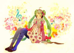 Rule 34 | 1girl, 24 (24phage), ahoge, blue pantyhose, bow, green eyes, green hair, hair bow, hatsune miku, long hair, matching hair/eyes, musical note, pantyhose, sitting, smile, solo, twintails, very long hair, vocaloid