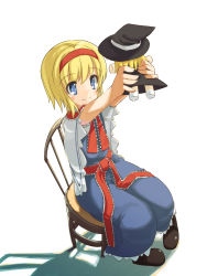 Rule 34 | 1girl, alice margatroid, arms up, blonde hair, blue eyes, chair, character doll, doll, dress, female focus, full body, hairband, hat, highres, holding, kirisame marisa, outstretched arms, shadow, short hair, shouji ayumu, sitting, smile, solo, team shanghai alice, touhou, witch, witch hat