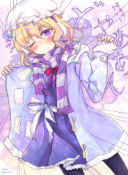 Rule 34 | 1girl, blonde hair, blush, bow, bowtie, dated, doyagao, dress, earmuffs, frilled dress, frills, hand warmer, hat, jacket, long hair, looking at viewer, maribel hearn, mob cap, one eye closed, pantyhose, purple dress, purple eyes, purple jacket, red neckwear, sash, scarf, smile, smug, sound effects, speed lines, striped clothes, striped scarf, teruteruyohou, touhou, winter uniform