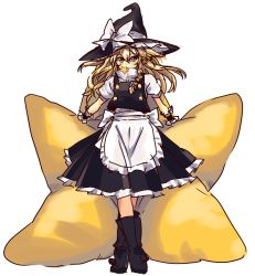 Rule 34 | 1girl, apron, bad id, bad twitter id, blonde hair, boots, bow, braid, colorized, cushion, full body, hair bow, hat, hat ribbon, kirisame marisa, long hair, looking at viewer, mouth hold, puffy sleeves, ribbon, sanpa, shirt, short sleeves, side braid, simple background, single braid, sketch, skirt, skirt set, solo, star (symbol), touhou, turtleneck, vest, waist apron, white background, witch hat, wrist cuffs, yellow eyes