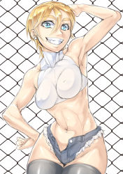 Rule 34 | 1girl, arm up, armpits, black thighhighs, blonde hair, blue eyes, chain-link fence, covered erect nipples, cowboy shot, earrings, fence, hair between eyes, hand on own hip, jewelry, looking at viewer, midriff, mole, mole under eye, navel, navel piercing, original, ouka (oukakaka), piercing, shirt, short shorts, shorts, skin tight, sleeveless, sleeveless shirt, smile, solo, teeth, thighhighs, turtleneck, unbuttoned